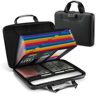 Imagem de SEEKIND Caixa de documentos à prova de fogo com fechadura, estojo rígido organizador de arquivos com pasta de arquivos sanfonada, cofre de viagem portátil multicamadas para documentos importantes e