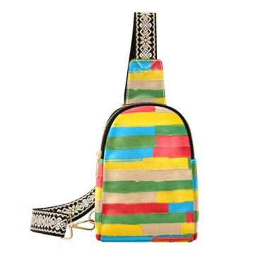 Imagem de CEBUGI Bolsa tiracolo feminina com listras coloridas, bolsa tiracolo de couro, bolsa de peito para caminhadas, viagens ao ar livre