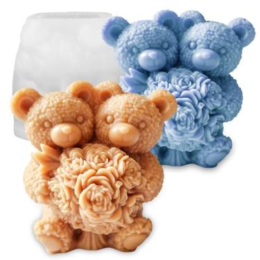 Imagem de Japleed Molde de vela de urso de casal de flores, moldes de silicone 3D para dia dos namorados, resina epóxi, concreto, vela de gesso, molde de cera de sabonete, molde exclusivo para fondant de bolo