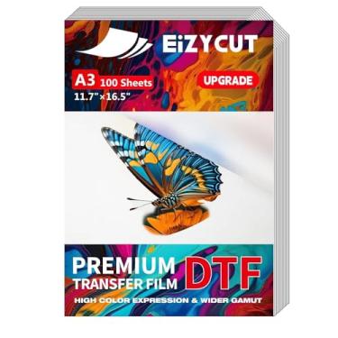 Imagem de EIZYCUT Filme de transferência DTF - A3 100 folhas 29,7 x 42 cm fosco dupla face, papel de filme DTF premium para todas as camisetas têxteis e cores de tecido escuro
