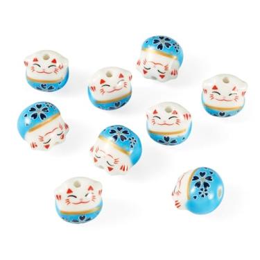 Imagem de 9 peças de contas de porcelana de gato da sorte lindas contas de cerâmica Maneki Neko para fazer joias faça você mesmo, colar, pulseira, chaveiros, artesanato, azul celeste