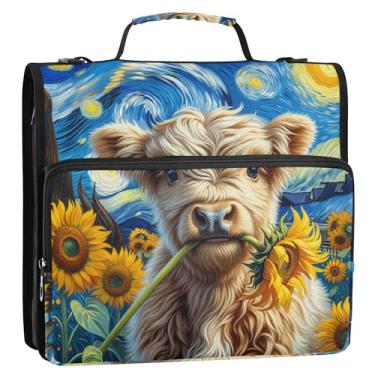 Imagem de Starry Highland Cattle Girassol Organizador de fichário com zíper de 3 cm 3 anéis, bolsa de fichário resistente com alça para armazenamento escolar, estojo com alça