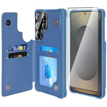 Imagem de VANAVAGY Capa carteira para Galaxy S25 Ultra para mulheres e homens, capa de telefone de couro PU compatível com suporte magnético para carro com bloqueio de RFID para S25 Ultra 6,9 polegadas, azul