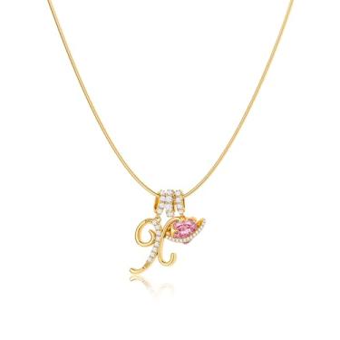 Imagem de Robaice Colar feminino banhado a ouro 14 K, pingente de letra de coração planeta rosa com corrente redonda de espinha de peixe, joia que não mancha. Presente para ela, 16'' + 2'' extender, Metal, Sem