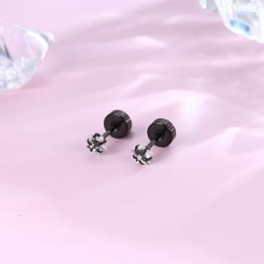 Imagem de Brincos de costas planas, brincos banhados a ouro 14K, zircônia cúbica, aço cirúrgico, cartilagem, estrela pequena, tragus, hélice, brincos lisos para mulheres e homens, ouro preto, standard, Aço