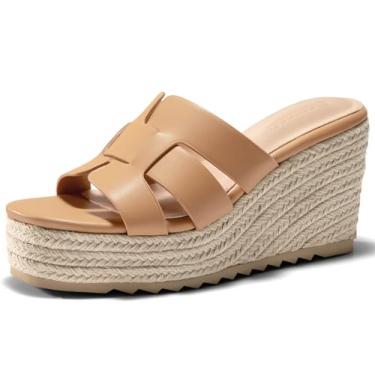 Imagem de Coutgo Sandálias femininas plataforma plataforma alpargata, bico aberto, tiras, sapatos casuais de verão, Marrom claro, 40