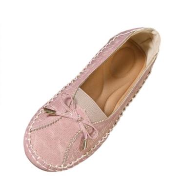 Imagem de Mocassins femininos fashion casual cor sólida salto baixo bico redondo elástico plano, material PU todas as estações, confortável, lazer, uso ao ar livre, rosa, 34