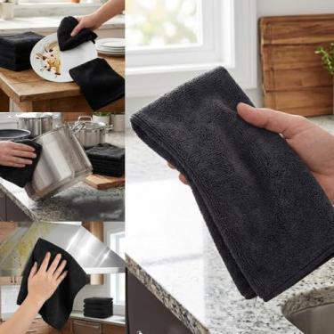 Imagem de 5 peças de toalhas de cozinha feitas de poliéster leve são altamente absorventes e macias, adequadas para limpar vidro, bancadas de cozinha, panelas e panelas, torneiras e exaustores (preto)