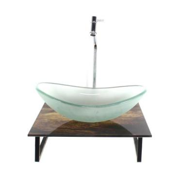 Imagem de Kit cuba de vidro oval 10mm jateada com tampo de vidro 40cm x 40cm mad