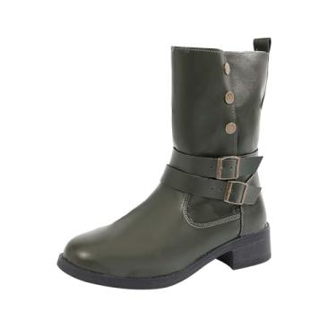 Imagem de Botas curtas femininas com bico redondo e detalhe de fivela de cinto, com salto baixo, Verde militar, 36