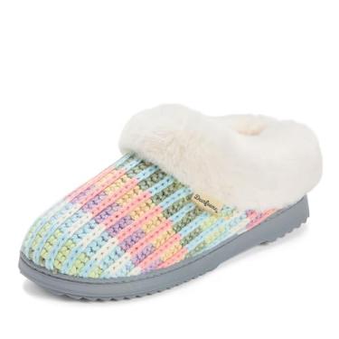 Imagem de Dearfoams Pantufa feminina felpuda de espuma viscoelástica Hannah Knit Clog para casa, arco-íris, 9-10