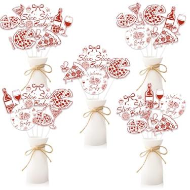 Imagem de Fangleland 24 peças de palitos de mesa de chá de bebê de pizza, fatia vermelha, decorações de mesa de bebê, tema de fast food, adereços de cabine de fotos para revelação de gênero, gravidez