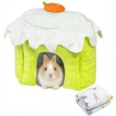 Imagem de Acsist Esconderijo de porquinho da índia, casa de coelho quente, cama lavável de coelho anão de inverno para hamster, chinchila, porco-espinho, furão e outros animais pequenos (verde-G)