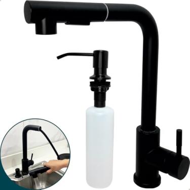 Imagem de Dona D Cor, Torneira Gourmet Preta Inox E Dispenser De Detergente 500ml De Embutir Kit Cozinha Torneira Monocomando Aço Inox 304 Porta Detergente Lavanderia Ilha
