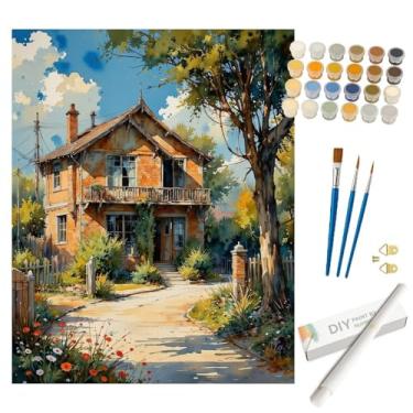 Imagem de Kit de pintura de paisagem por números para adultos – Casa rústica DIY com pintura de jardim em tela enrolada 40,6 x 50,8 cm, conjunto de tinta acrílica, adequado para iniciantes, arte country para