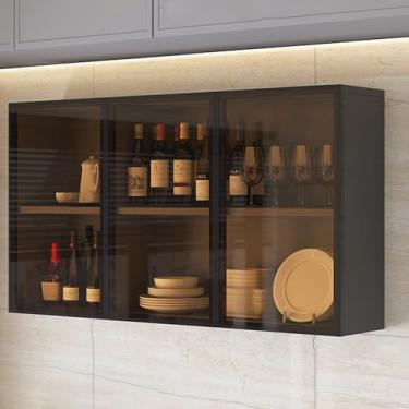 Imagem de Armário de exibição de vidro para banheiro montado na parede, armário de armazenamento de cozinha estreito em marrom/cinza, decoração de sala de estar com alça oculta, organizador sobre o vaso