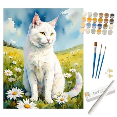 Imagem de Kit de pintura animal por números para adultos – Pintura DIY de gato branco em Daisy Meadow em tela enrolada 40 x 50 cm, conjunto de tinta acrílica, adequado para iniciantes, arte para decoração de