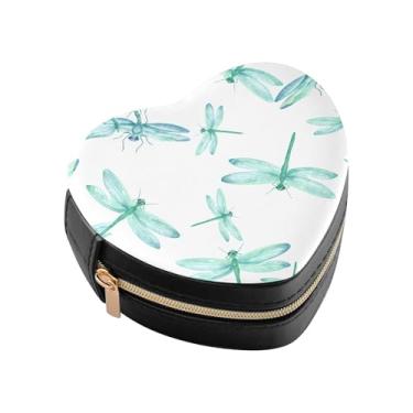 Imagem de Burbuja Caixa de joias em forma de coração com libélulas azul-petróleo para mulheres e meninas, estojo portátil organizador de armazenamento para brincos, anéis, colares e pulseiras