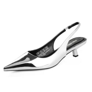 Imagem de JENN ARDOR Sapatos femininos com salto gatinho fechado bico fino elástico slingback sexy salto baixo vestido de convidada de casamento vestido de baile, Prata, PU, 37
