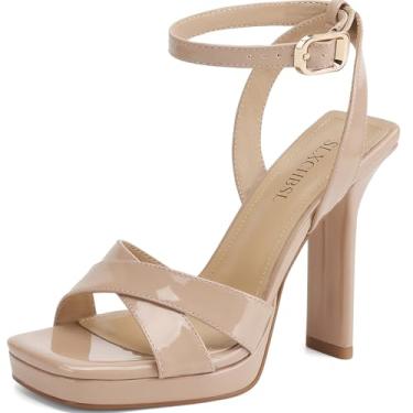 Imagem de SLXCHBSL Sandálias femininas de salto alto, salto alto, bico aberto, tira no tornozelo, vestido de festa de casamento, Couro envernizado nude, 40