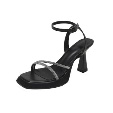 Imagem de TOVCILION Salto alto feminino salto alto bico quadrado aberto tira no tornozelo salto bloco grosso sandálias casamento festa nupcial baile sexy sapatos sociais, Preto, 38