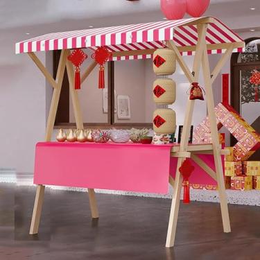 Imagem de Carrinho de comida de rua dobrável portátil sobre rodas - carrinho de mão de vendedor de cachorro-quente de madeira para mercado ao ar livre, exibição de suporte de venda comercial (rosa, 120 cm de