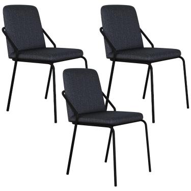 Imagem de Kit 03 Cadeiras Estofada Para Sala De Jantar Loft Preto C01 Linho Grafite - Lyam Decor