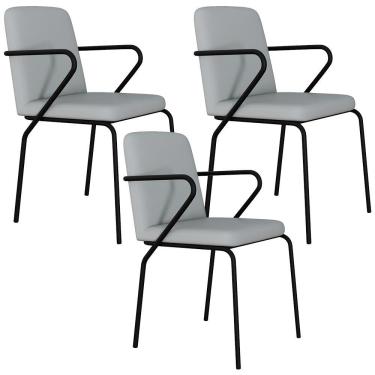 Imagem de Kit 03 Cadeiras Estofada Para Sala De Jantar Com Braço Loft Preto C01 Courino Saturno Off White - Lyam Decor