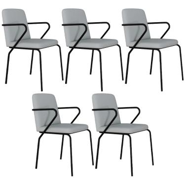 Imagem de Kit 05 Cadeiras Estofada Para Sala De Jantar Com Braço Loft Preto C01 Courino Saturno Off White - Lyam Decor
