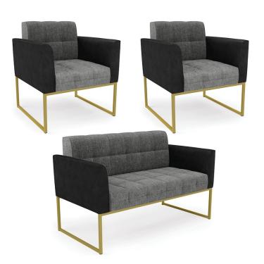 Imagem de Sofá Namoradeira E 2 Poltronas Base Industrial Dourado Elisa Preto-linho Grafi A26 D03...