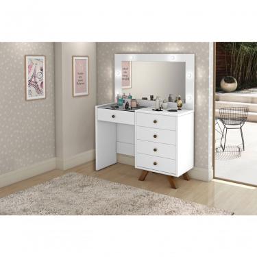 Imagem de Penteadeira Camarim Luna 9 Gavetas com Espelho LED Retrô MDF Branco Brilhante com Corrediças Telescópicas