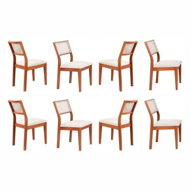 Imagem de Kit 8 Cadeiras Madeira Maciça com Estofado e Fibra Natural Rattan Maya Espresso Móveis Cinamomo/Off White