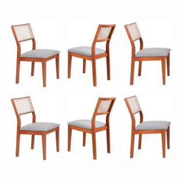 Imagem de Kit 6 Cadeiras Madeira Maciça com Estofado e Fibra Natural Rattan Maya Espresso Móveis Cinamomo/Cinza