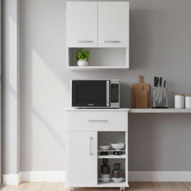 Imagem de Conjunto Armário Cozinha 2 Portas e Balcão para Microondas com Gaveta 