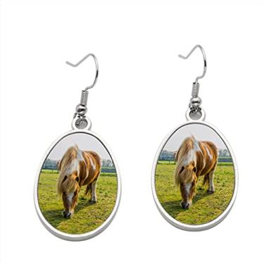 Imagem de Brinco com pingente de cavalo comendo alguma grama de pônei pastando no pasto – Brincos pendurados para meninas – Presente de festa de aniversário dos namorados
