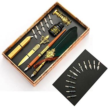 Imagem de HIOD Tinta de escrita vintage pena pena mergulho fonte 5 pontas caixa de presente caligrafia materiais escolares, verde