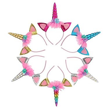 Imagem de Pacote com 6 acessórios para fotos de chifre de unicórnio, acessório para fotos de aniversário, fantasia de cosplay, artigos de festa para meninas e meninos (6 multicores)
