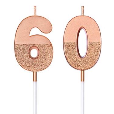 Imagem de BBTO Velas de aniversário de 60 anos com glitter para bolo de aniversário de 60 anos decoração de bolo para aniversário de casamento, aniversário de celebração, ouro rosa