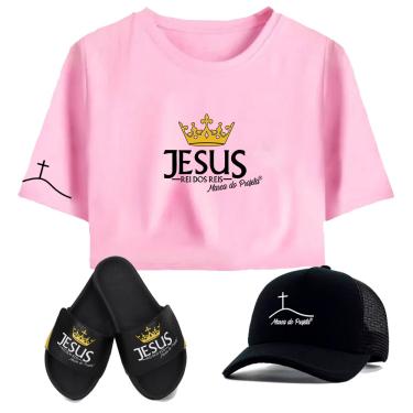 Imagem de Chinelo Com Boné Trucker e Blusa Cropped Infantil Personalizados Jesus Rei dos Reis Marca do Profeta -Preto e Rosa