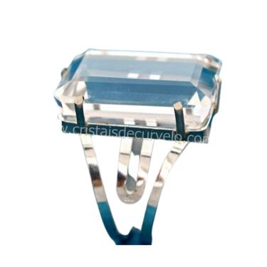 Imagem de Anel Pedra Cristal Retangular Facetado Prata Aro Ajustavel