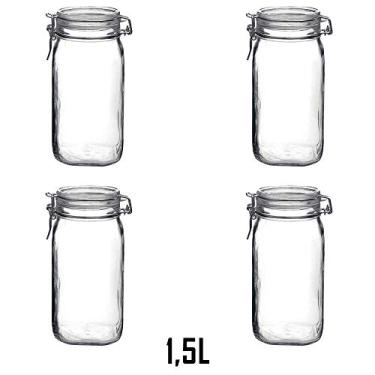 Imagem de 4 Potes hermético de vidro 1,5 Litro (1500ml) Fido Rocco Bormioli com tampa