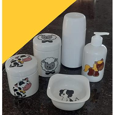 Imagem de Kit higiene bebê Fazendinha 5 peças - potes, porta álcool, garrafa térmica e molhadeira - Peças Porcelana