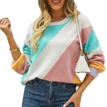 Imagem de Suéter feminino com bloqueio de cores, gola redonda, macia, manga comprida, solto, confortável, Verde claro, M