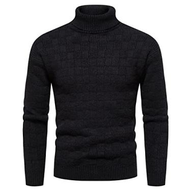 Imagem de Casaco masculino moda inverno casual malha lã gola rolê cor sólida suéter jaqueta top banda 1, Preto, XG