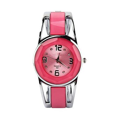 Imagem de Pulseira feminina de relógio bracelete de quartzo com mostrador redondo de strass, pulseira de aço inoxidável com caixa de relógio feminina rosa