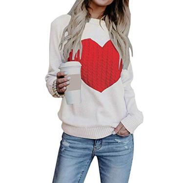 Imagem de BIGPETS Suéter feminino fofo frente coração gola redonda manga longa pulôver tricotado gola redonda, Branco, XG