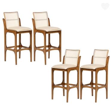Imagem de Rio Madeira, Kit 4 Banquetas Alta para Bancada Lisboa Encosto Rattan Madeira Imbuia Linho Bege M58 RMI