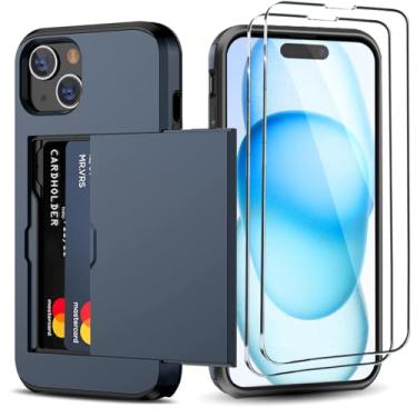 Imagem de Benbenjaytek Capa carteira para iPhone 15 Plus com suporte para cartão + 2 películas de vidro temperado, capa fina de camada dupla à prova de choque com compartimento oculto para cartão feminino e masculino de 6,7 polegadas (azul)