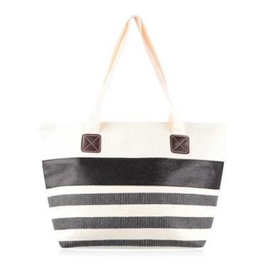 Imagem de RIAH FASHION Bolsa de praia grande reutilizável Eco Shopper - Bolsa de ombro de viagem de tecido de lona listrada xadrez, Bolsa de tecido listrada com glitter - preta, Large