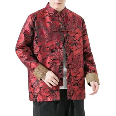 Imagem de Casaco masculino retrô chinês outono/inverno terno tang padrão dragão casaco gola alta jaqueta terno, Vermelho, M
